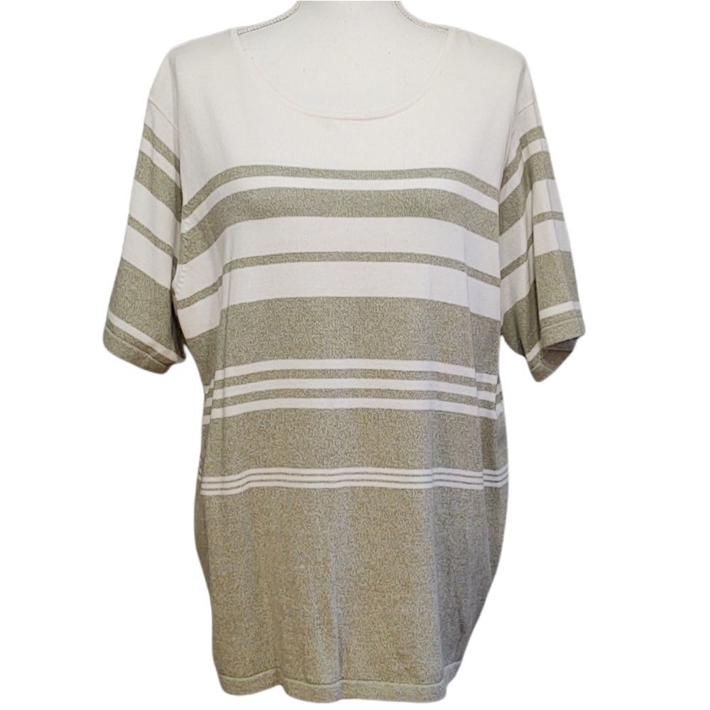 C D Daniels 100% Cotton Short Sleeve Sweater Green White Stripe 1X